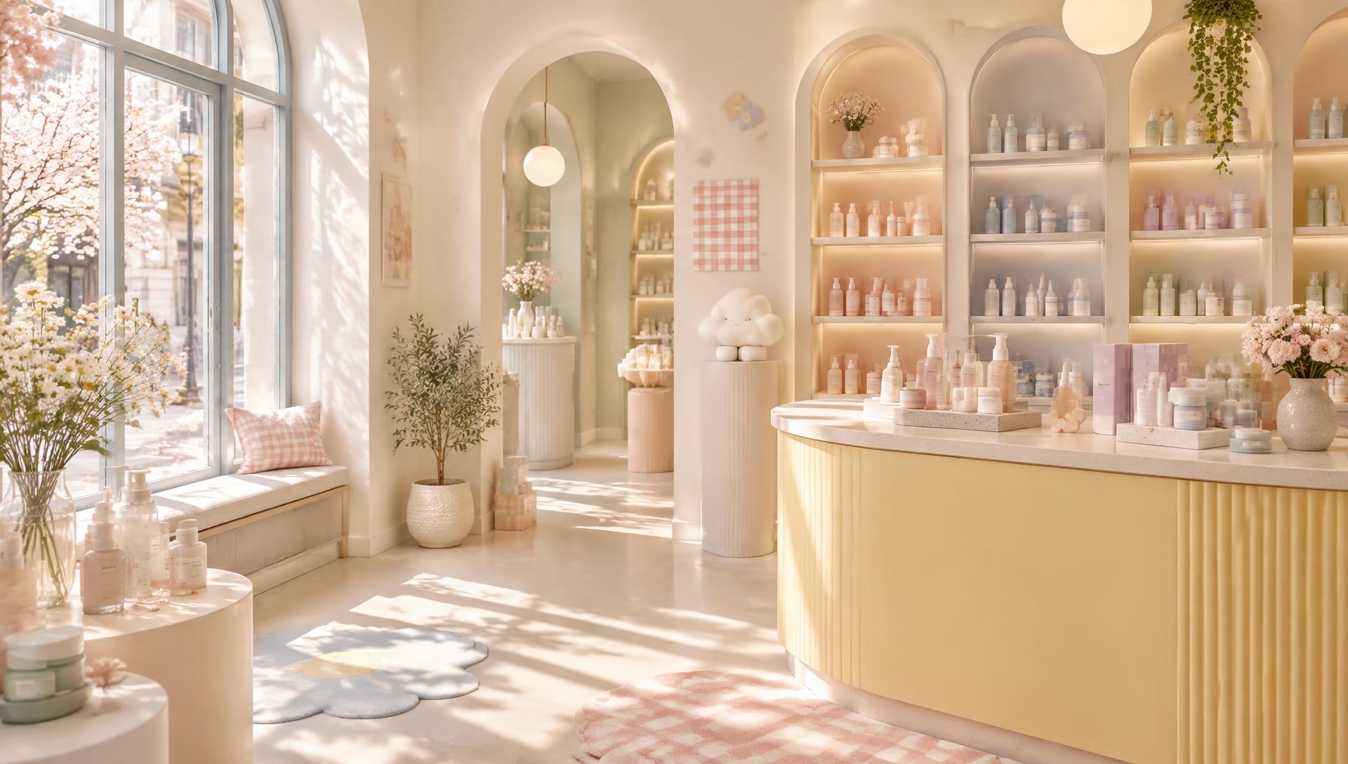 Dreamy pastel Korean beauty boutique interior